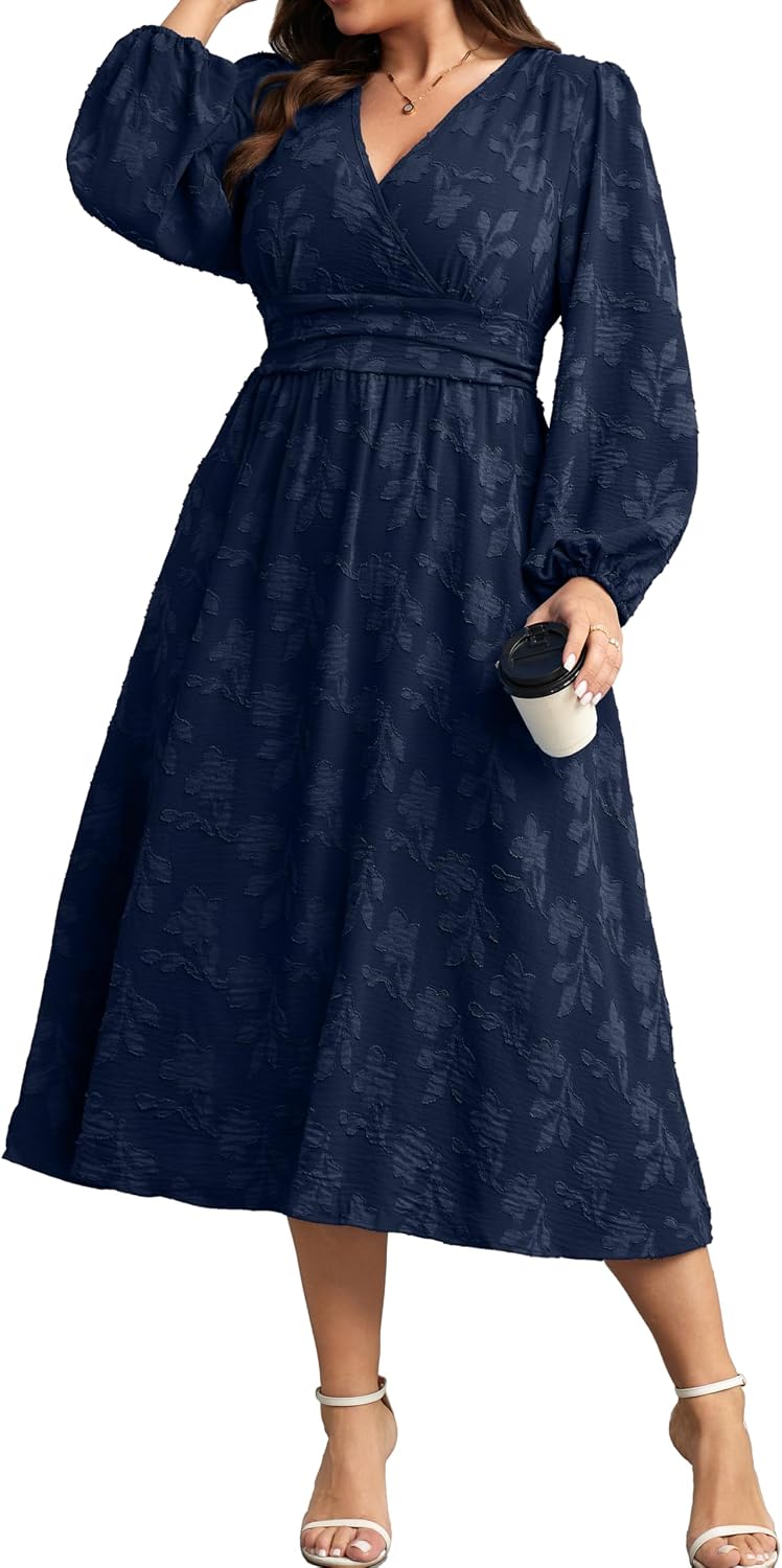 RWJ Women's Plus Size Fall Wedding Guest Dress V Neck Swiss Dot Long Sleeve | Semi Formal, Business Casual, Daily, Cocktail Party, Graduation, Homecoming, Evening, Date, Special Event, Funeral, Festive