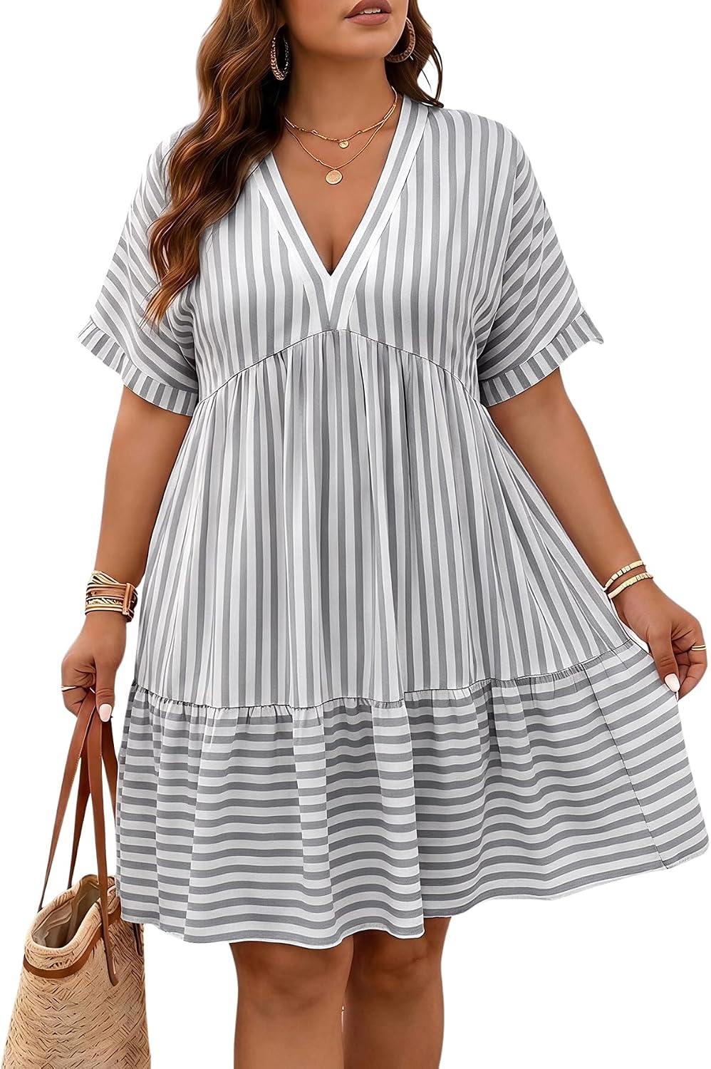 SOLY HUX Women's Plus Size Summer Striped Half Sleeve Ruffle Babydoll Dress | Deep V Neck, Flowy, Vacation, Beach Dress