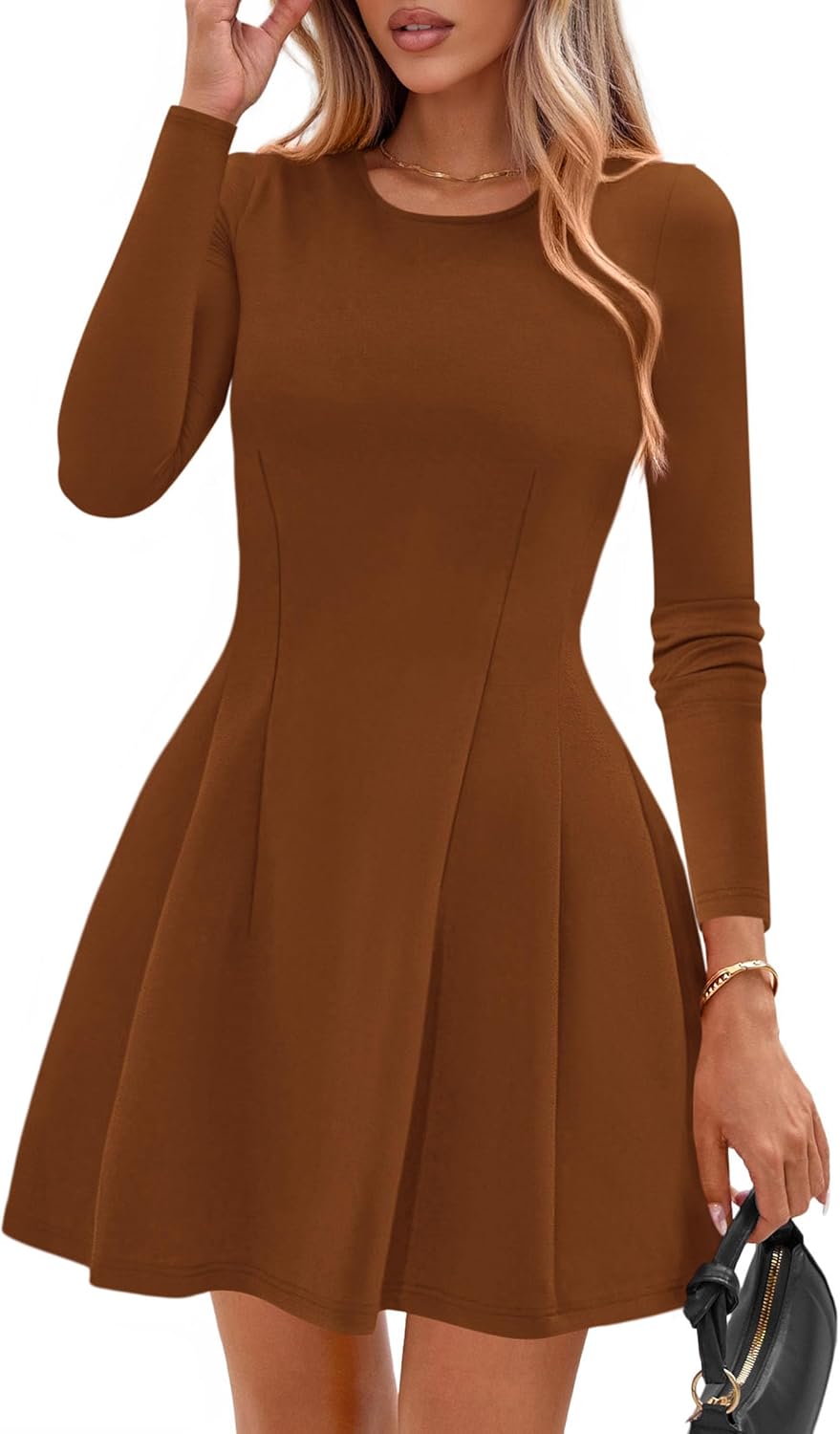 PRETTYGARDEN Womens Long Sleeve Pleated Mini Dress | Soft Knit Fabric, A Line Babydoll Fit, Crewneck Short Dresses, Casual Party Date Night Outfits, Fall Winter Trendy Clothes