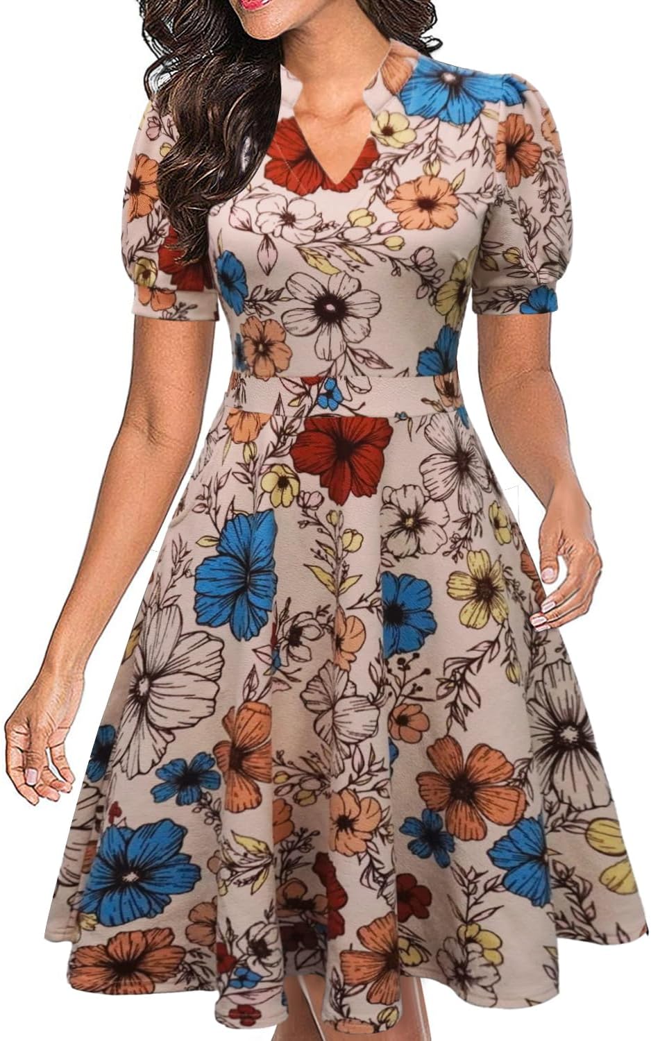 Mokayee Womens Summer Short Puff Sleeve Casual Semi-Formal Fit and Flare Church Wedding Guest Work Dresses with Pockets