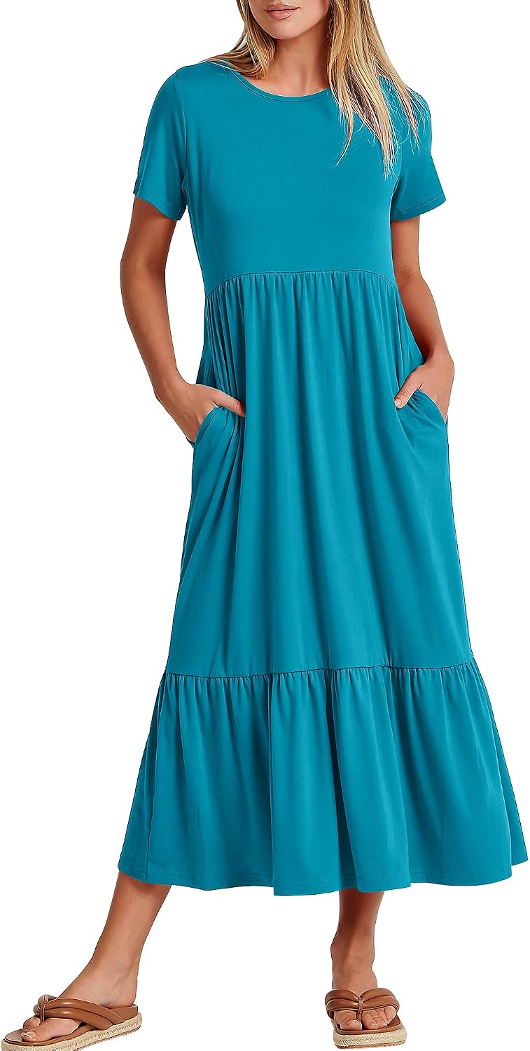 ANRABESS Womens 2026 Summer Casual Short Sleeve Maxi Dress with Pockets | A-Line Tiered Flowy Crewneck T Shirt Dresses，Comfy Modest Long Dress，Beach Travel Vacation Sundress，Work Teacher Outfits