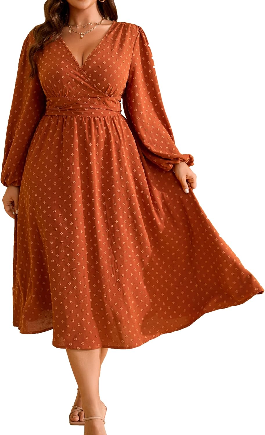 RWJ Women's Plus Size Fall Wedding Guest Dress V Neck Swiss Dot Long Sleeve | Semi Formal, Business Casual, Daily, Cocktail Party, Graduation, Homecoming, Evening, Date, Special Event, Funeral, Festive