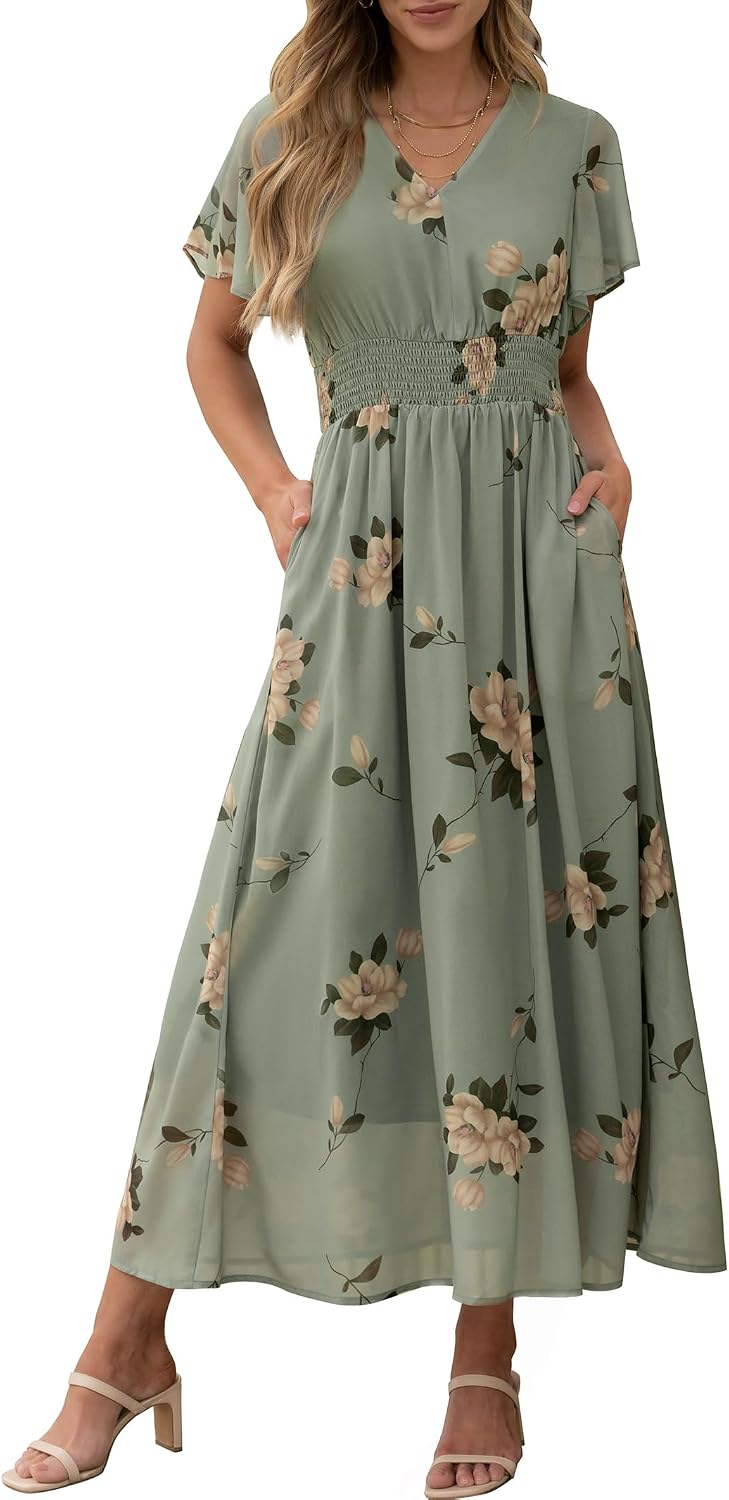 ANRABESS Womens Summer Floral Maxi Dress Casual V Neck Short Sleeve Chiffon Boho Flowy Beach 2026 Wedding Guest Long Dresses