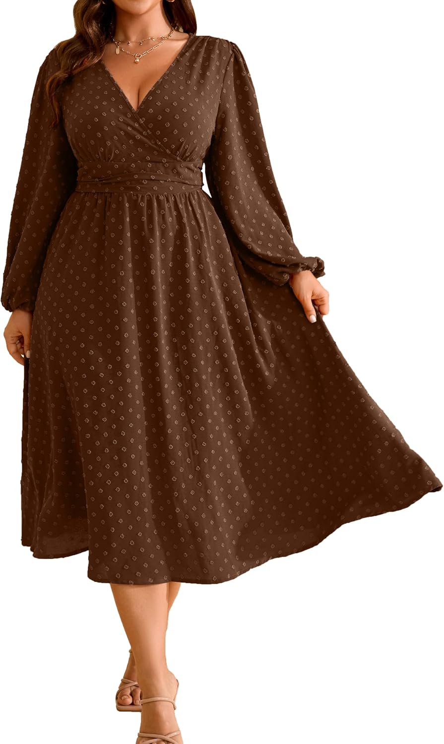 RWJ Women's Plus Size Fall Wedding Guest Dress V Neck Swiss Dot Long Sleeve | Semi Formal, Business Casual, Daily, Cocktail Party, Graduation, Homecoming, Evening, Date, Special Event, Funeral, Festive