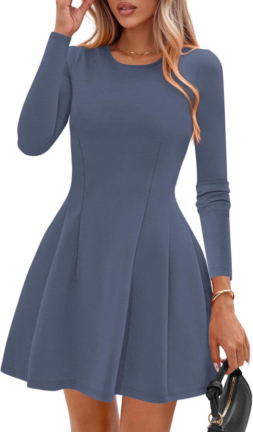 PRETTYGARDEN Womens Long Sleeve Pleated Mini Dress | Soft Knit Fabric, A Line Babydoll Fit, Crewneck Short Dresses, Casual Party Date Night Outfits, Fall Winter Trendy Clothes