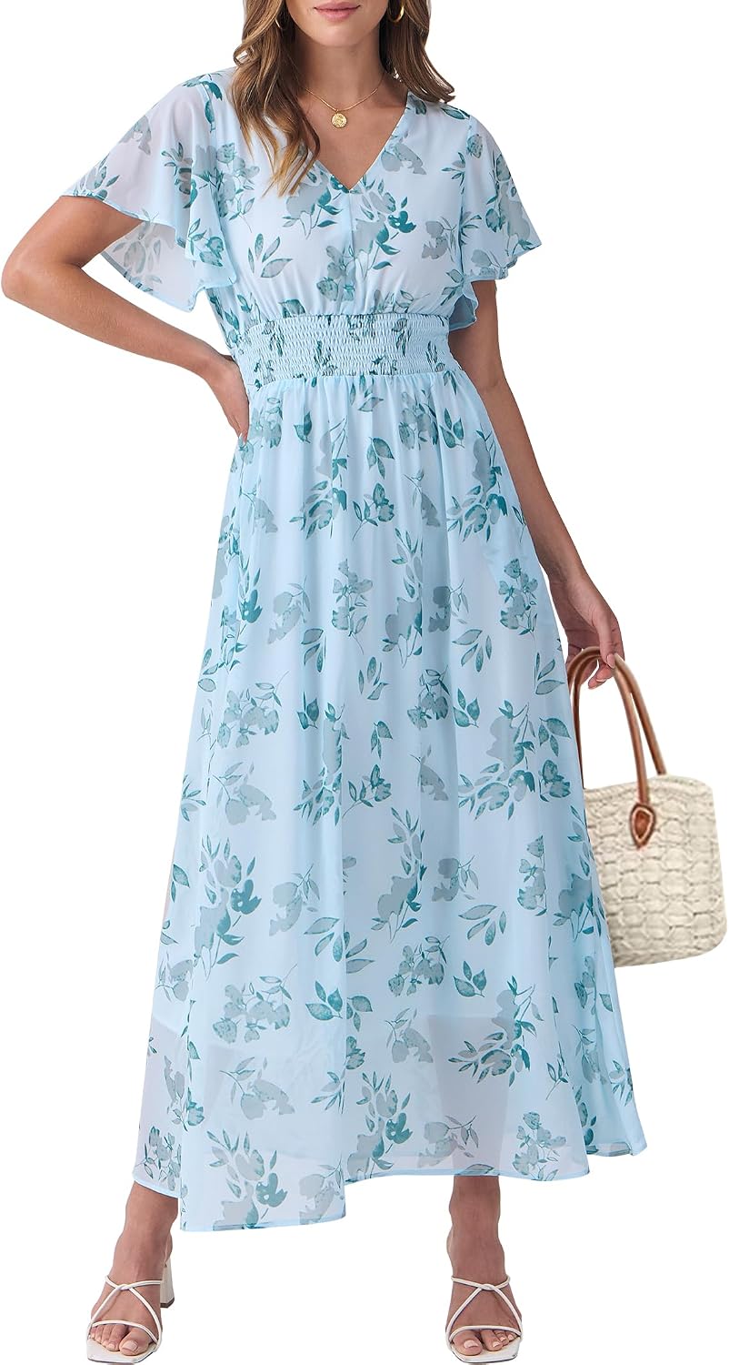 ANRABESS Womens Summer Floral Maxi Dress Casual V Neck Short Sleeve Chiffon Boho Flowy Beach 2026 Wedding Guest Long Dresses