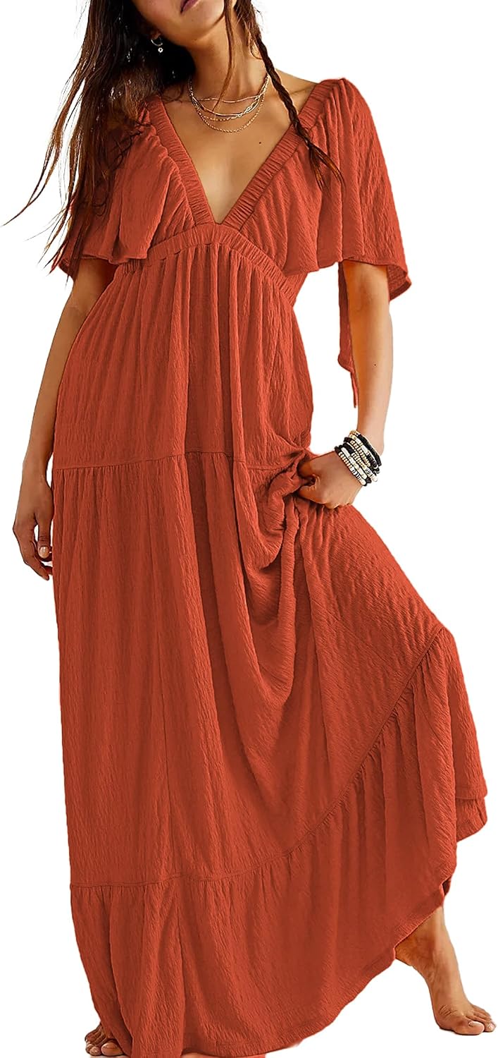 Kikibell Women Summer Dresses Sexy V-Neck Maxi Dress Tiered Silhouette with Flutter Sleeve Backless Elastic Waist Flowy Dress