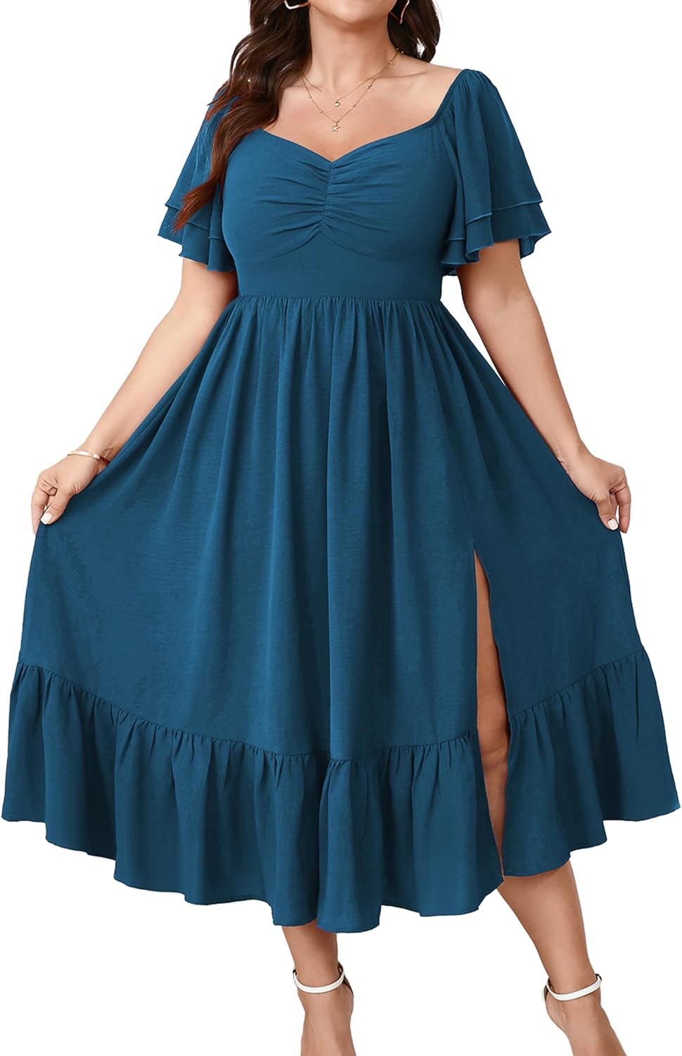 SCOMCHIC Womens Plus Size Wedding Guest Cocktail Dresses | Sweetheart Neckline, Short Sleeve, Smocked, Ruffle Slit, Party, Formal, Summer, Long, Maxi Dress