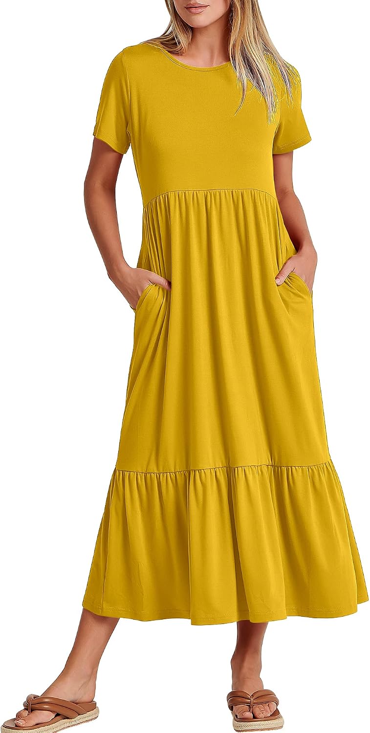 ANRABESS Womens 2026 Summer Casual Short Sleeve Maxi Dress with Pockets | A-Line Tiered Flowy Crewneck T Shirt Dresses，Comfy Modest Long Dress，Beach Travel Vacation Sundress，Work Teacher Outfits