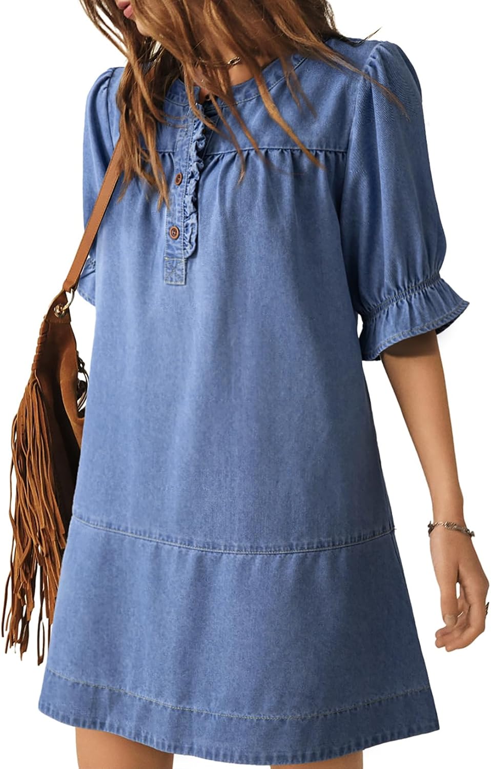 Dokotoo Women's Denim Dress Ruffle Short Sleeve Button Cowgirl Jean Dress | Crewneck,Flare Sleeve,Babydoll,Button Down,Loose Fit,A-Line,Tiered,Country Concert,Cowgirl,Western Outfit,Casual