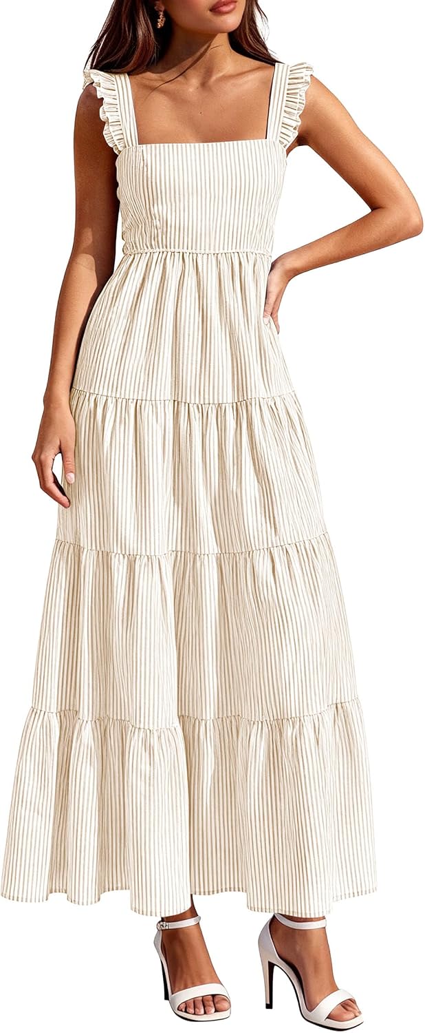 PRETTYGARDEN Women's Summer Striped Maxi Sun Dresses | Sleeveless Square Neck, Flowy Long, Back Smocked, Fit and Flare, Tiered A Line, Pockets, Casual Boho, Beach Vacation Clothes