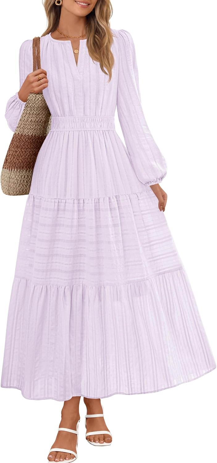 MEROKEETY Womens Fall Puff Long Sleeve Casual V Neck Modest Midi Maxi Dress | 2026, Cotton, with Pockets, Eyelets, Shirred Waist, Tiered, Lined, Winter, Boho, Relaxed Fit, Church, Elegant, Bridal Shower