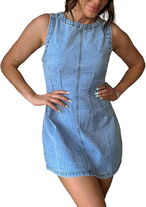 Denim Sleeveless Mini Dress in Light Blue