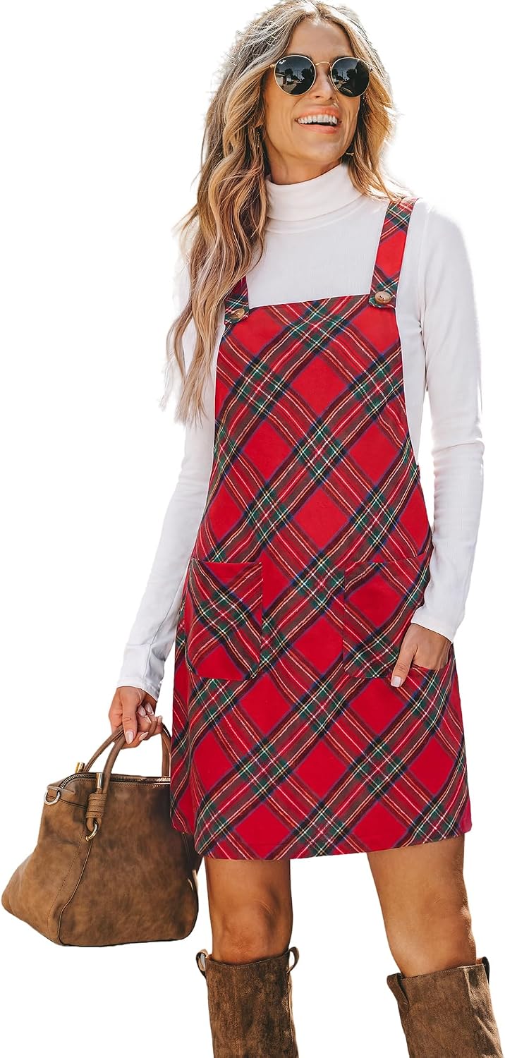 CUPSHE Women Corduroy Square Neck Wide Strap Fall Overall Mini Dress | Velvety Ribbed Texture, Front Bib Pocket, Utility Patch Pouches, High-Looped Buckle Fasteners, Casual Warm Autumn Outfits