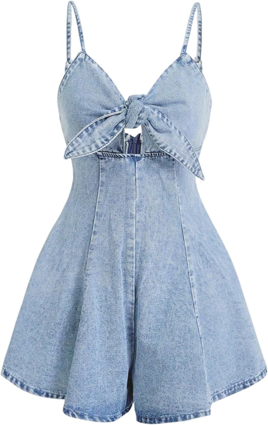 OYOANGLE Women's Vintage Bowknot Spaghetti Strap Denim Romper Jean Dress | Sleeveless Wide Leg, Short Jumpsuits, Country Concert Outfits, Cowgirl Outfits, Summer, Western, Cute