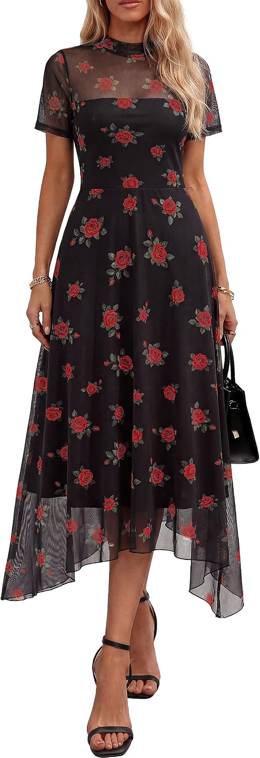PRETTYGARDEN Women's Floral Mesh Midi Dress | Summer Wedding Guest Dresses,Short Sleeve Mock Neck A-Line,Semi-Sheer Overlay,Fit & Flare,Cocktail Party,Date Night Outfits