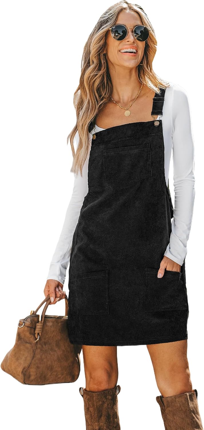 CUPSHE Women Corduroy Square Neck Wide Strap Fall Overall Mini Dress | Velvety Ribbed Texture, Front Bib Pocket, Utility Patch Pouches, High-Looped Buckle Fasteners, Casual Warm Autumn Outfits