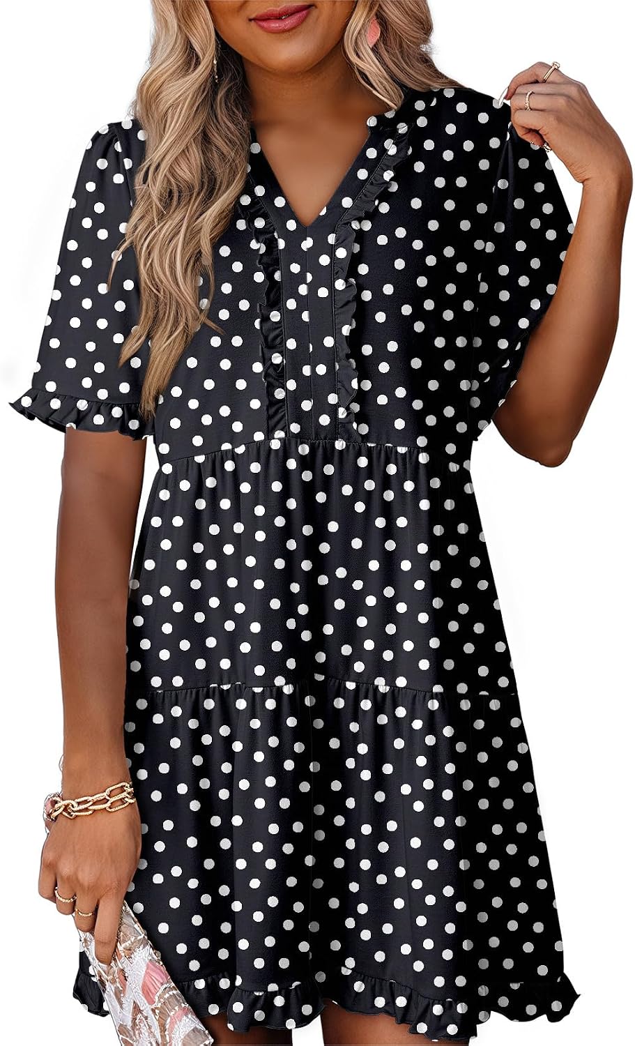 Dokotoo Womens A Line Babydoll Casual Summer Dresses with Pockets | Short Sleeve, V Neck, Hide Tummy, Cute Flowy Western Dress, Mini Short Casual Dress for Graduation Party Date Night Teacher