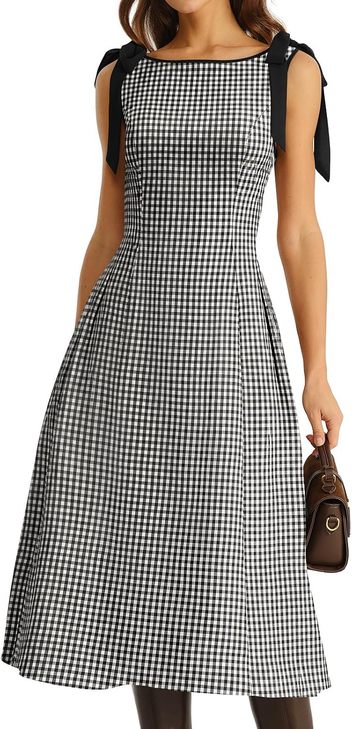 RIHOAS Women's Plaid Gingham Dress Casual Summer Midi Dresses for Women | Cute,Boat Neck,Non-adjustable Bow,A line,Vintage,Sleeveless,Spring,Winter,Casual Daily,Picnic,Travel,Vacation,Christmas