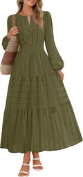 MEROKEETY Womens Fall Puff Long Sleeve Casual V Neck Modest Midi Maxi Dress | 2026, Cotton, with Pockets, Eyelets, Shirred Waist, Tiered, Lined, Winter, Boho, Relaxed Fit, Church, Elegant, Bridal Shower