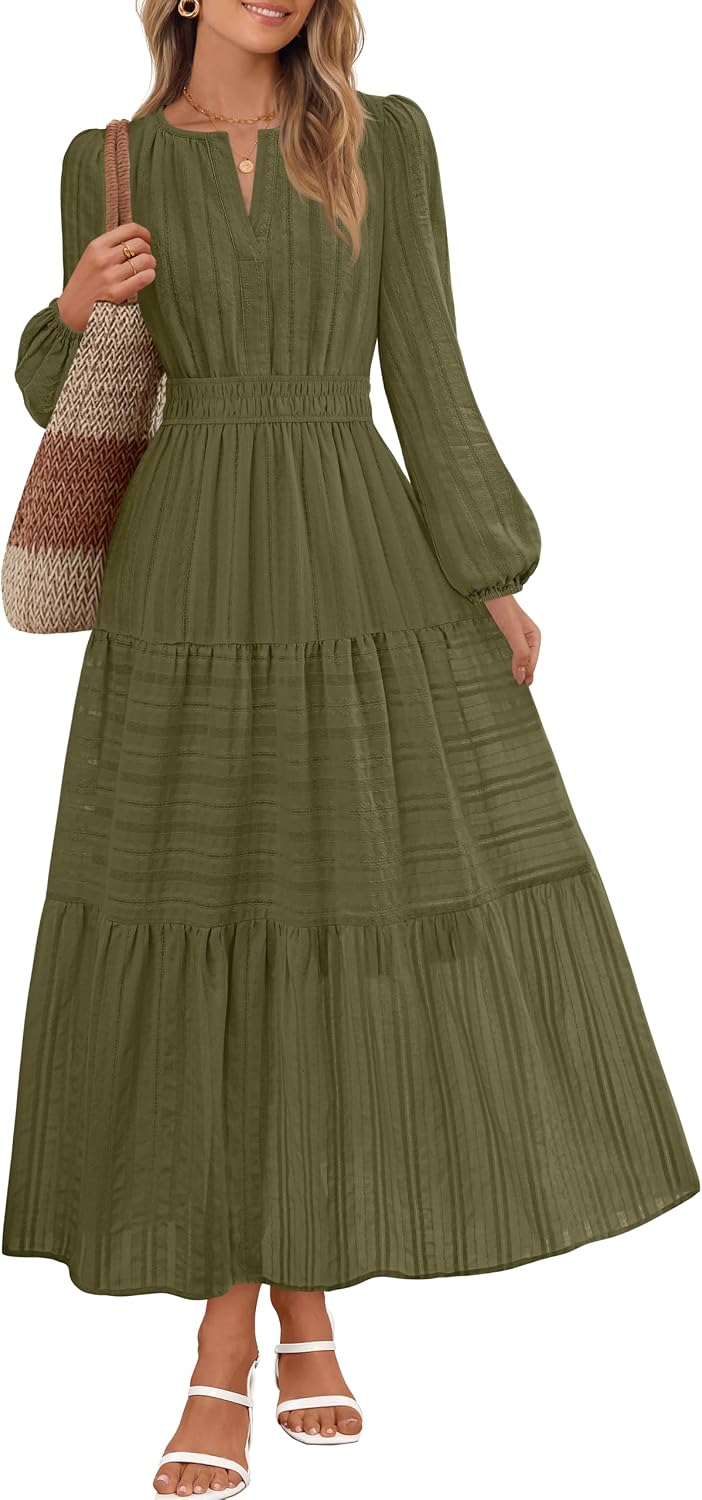 MEROKEETY Womens Fall Puff Long Sleeve Casual V Neck Modest Midi Maxi Dress | 2026, Cotton, with Pockets, Eyelets, Shirred Waist, Tiered, Lined, Winter, Boho, Relaxed Fit, Church, Elegant, Bridal Shower