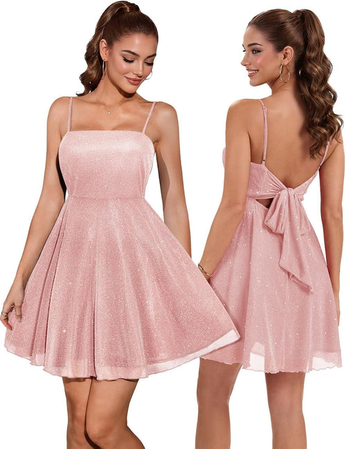 DRESSTELLS Sparkly Short Homecoming Dress, Bow Tie Back for Cocktail Party | 3-layer Puffy Aline, Fit Flare for Teens, Adjustable Straps, Semi formal for Women