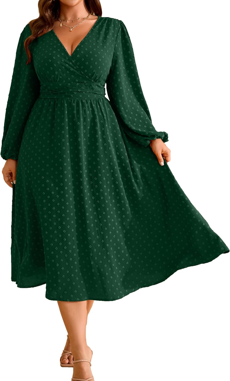 RWJ Women's Plus Size Fall Wedding Guest Dress V Neck Swiss Dot Long Sleeve | Semi Formal, Business Casual, Daily, Cocktail Party, Graduation, Homecoming, Evening, Date, Special Event, Funeral, Festive