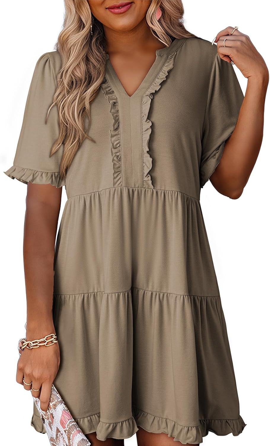Dokotoo Womens A Line Babydoll Casual Summer Dresses with Pockets | Short Sleeve, V Neck, Hide Tummy, Cute Flowy Western Dress, Mini Short Casual Dress for Graduation Party Date Night Teacher