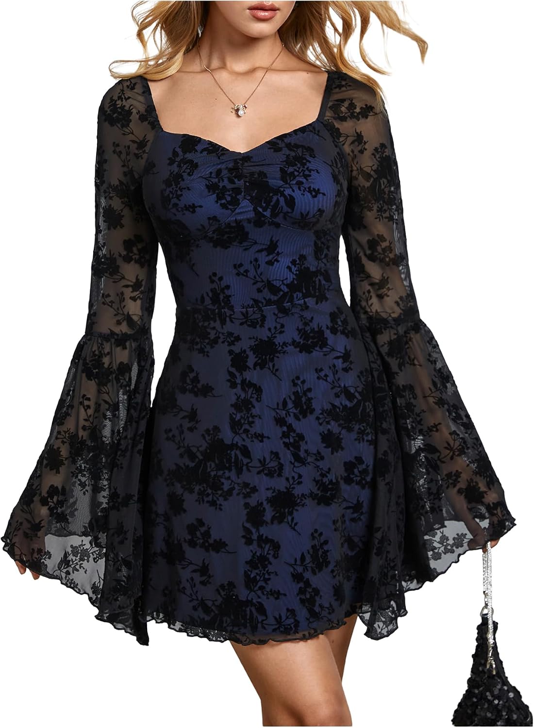 WDIRARA Women's Floral Jacquard Gothic Bell Long Sleeve Dress | Mesh , A Line, Vintage