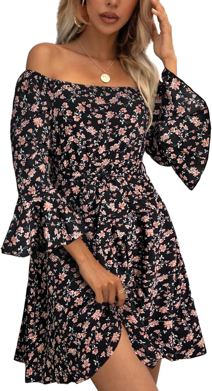 JECEIKA Fall Dress for Women, Off Shoulder Spring Dress for Wedding Guest | Ruffle Long Sleeves Fitted Bust Midi Dress,with Belt,for Mother's Day,Thanksgiving,Wedding Guest,Graduation,Valentine's Day