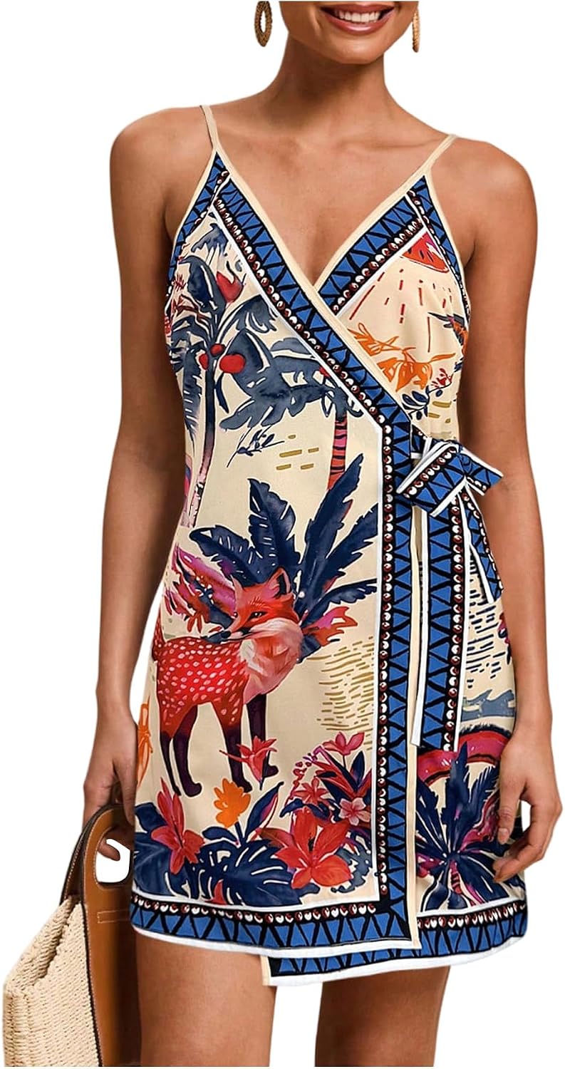 RoseSeek Women's Tropical Print Wrap Dress Sleeveless Vacation Dresses | Short Summer Dresses, Beach Vacation Outfits, Tropical Print Cami Dress, V Neck Dress