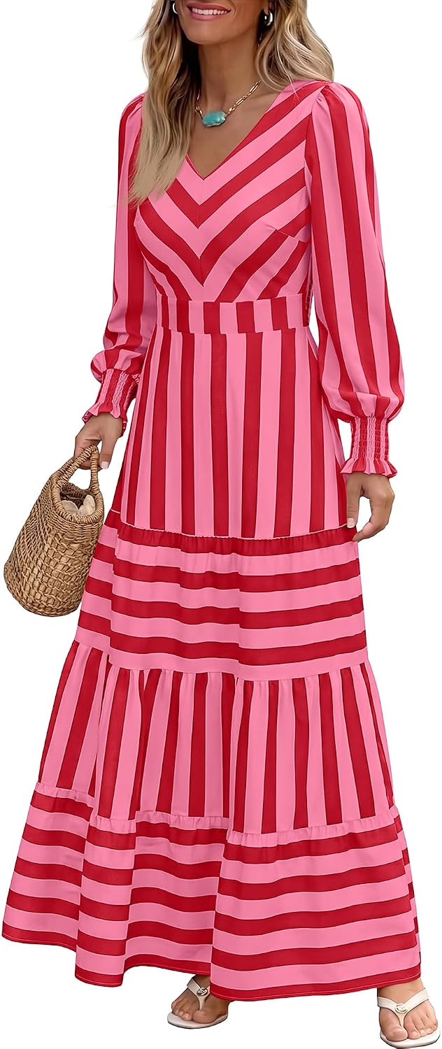 Caracilia Womens Long Sleeve Gingham Striped Flowy A-Line Fall Maxi Dress | Casual Smocked Church Dresses,Cuff Sleeve Pockets,Soft Lightweight V Neck Tiered, Boho Daily Wear,Travel Vacation Clothes