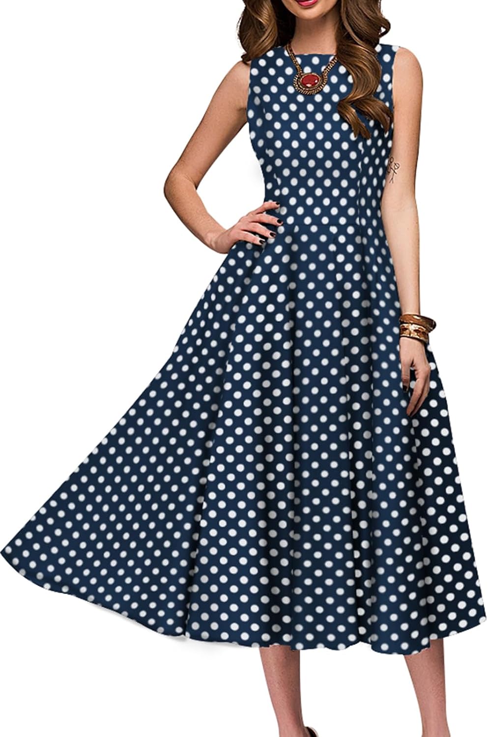 Simple Flavor Women's Vintage 1950s Cocktail Midi Dress | Sleeveless, Cotton, Boat neck, Retro tea length, Fit and flare a-line swing, Tea party derby church dress with pockets