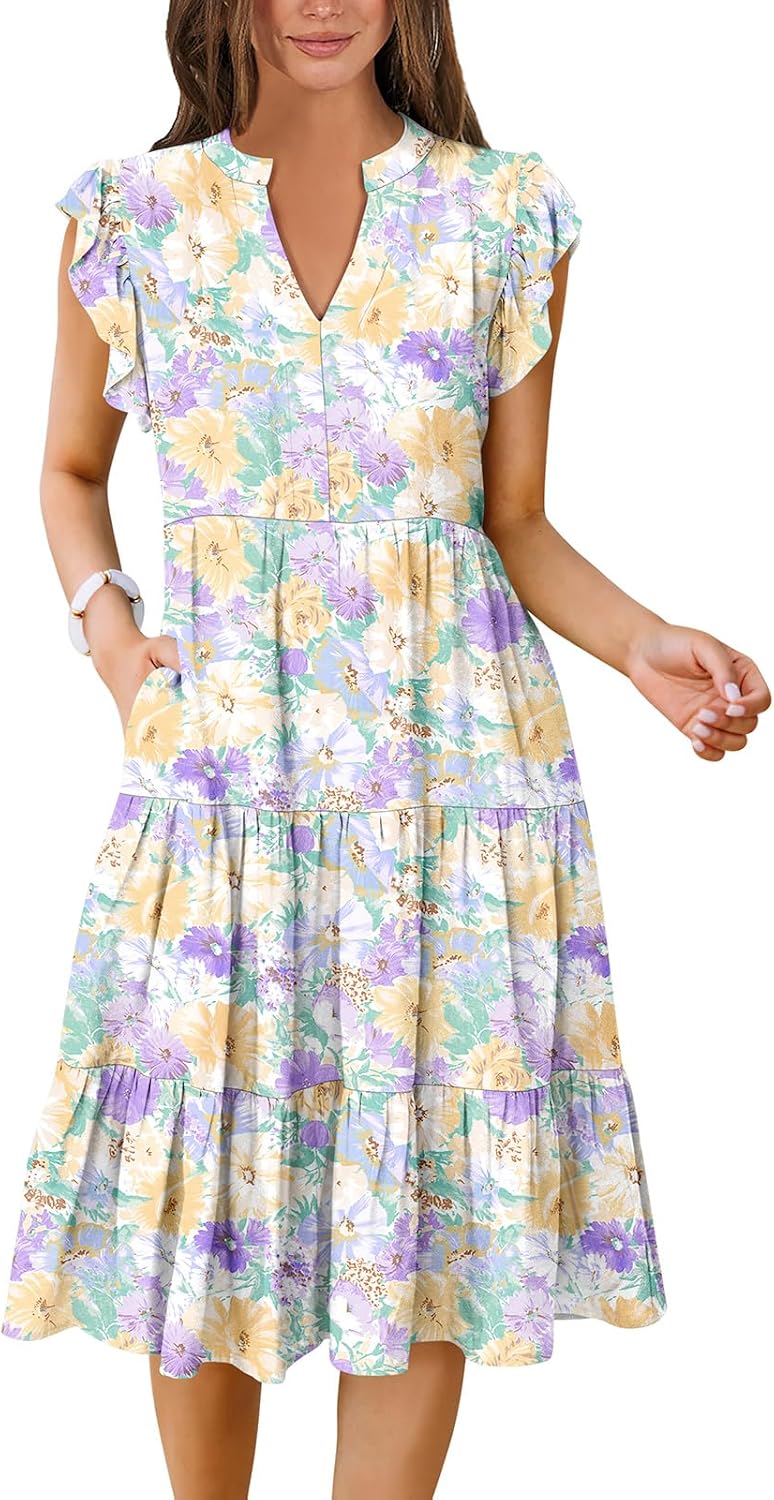 ANRABESS Womens Summer Dress Ruffle Sleeve V Neck Midi Dresses | Flowy Tiered Boho Beach Sundress, Casual Fit Knee Length, Fashion Vacation Work Outfits 2026