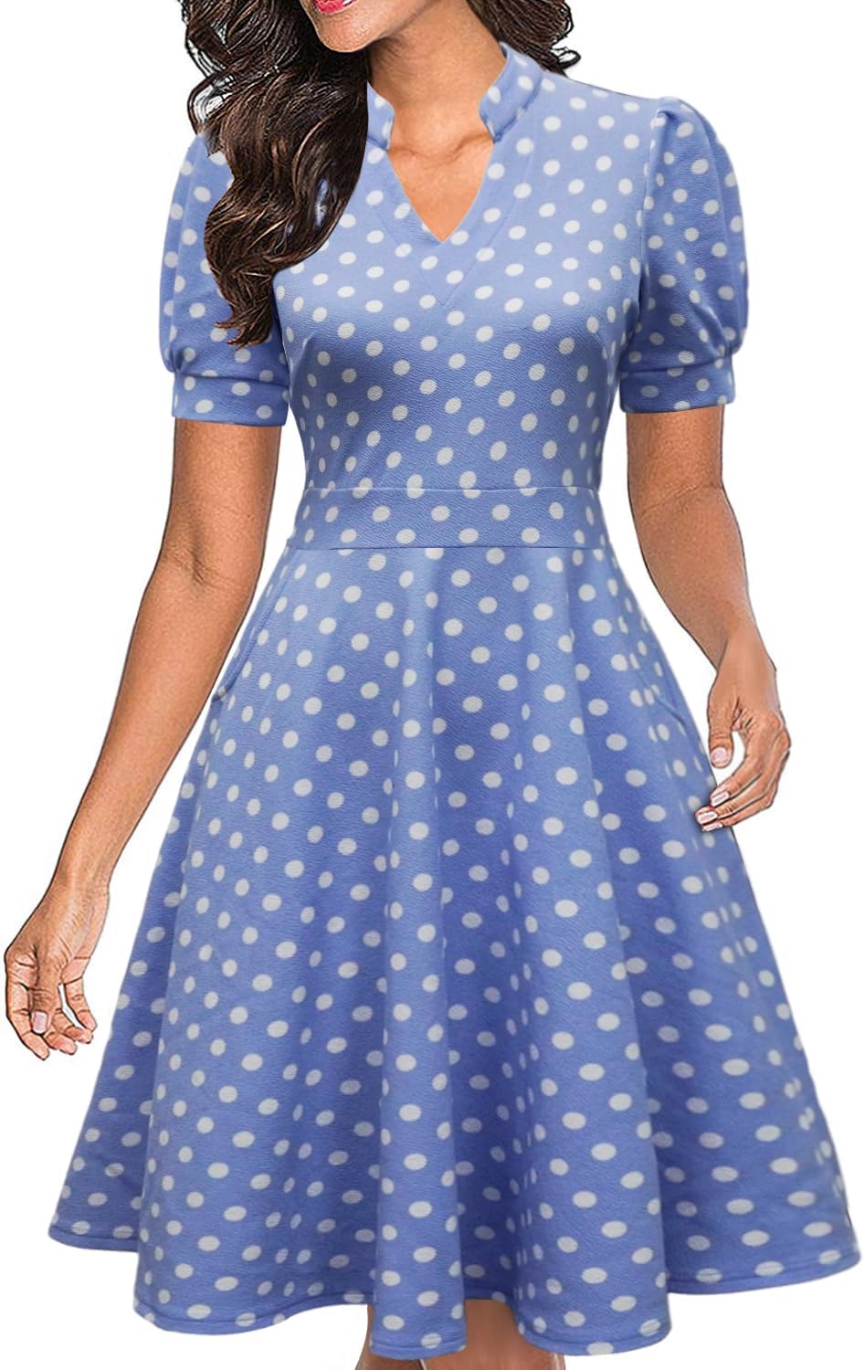 Mokayee Womens Summer Short Puff Sleeve Casual Semi-Formal Fit and Flare Church Wedding Guest Work Dresses with Pockets