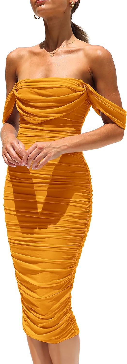 PRETTYGARDEN Women's Off Shoulder Bodycon Tube Midi Dress | Stretchy Ruched Mesh, Draped Sleeves, Elegant Dinner Party Dresses, Spring Summer Outfits for Wedding, Homecoming, Date Night