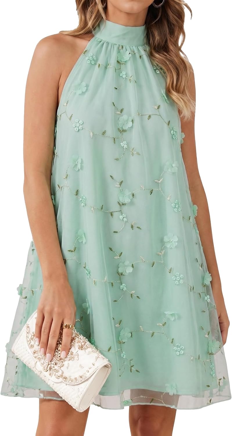 Gleeneat Womens Halter Floral Bridal Shower Cocktail Short Tulle Dress | Summer Wedding Guest Dresses for Bride Rehearsal Dinner Engagement Formal 2026 A Line Homecoming Mini Dress Party Outfit