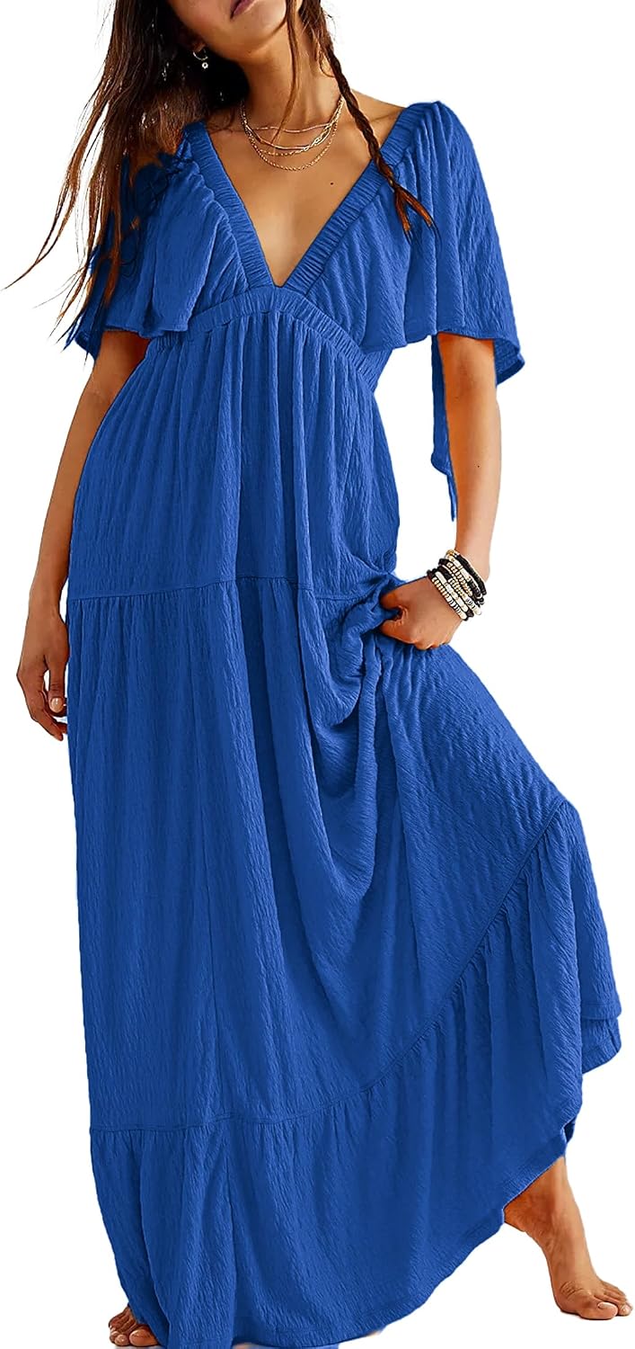 Kikibell Women Summer Dresses Sexy V-Neck Maxi Dress Tiered Silhouette with Flutter Sleeve Backless Elastic Waist Flowy Dress