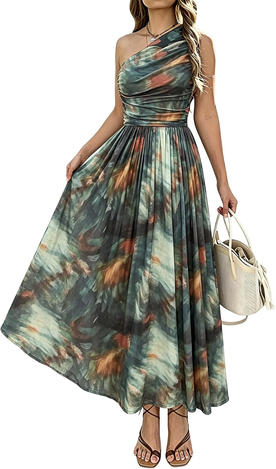 Evzeiem Women One Shoulder Floral Wedding Guest Maxi Dresses | Spring Summer Boho Beach Vacation Resort Dress,Flowy Party Garden Cruise Outfit Sundress, Ruched Mesh Night Out Formal Dress