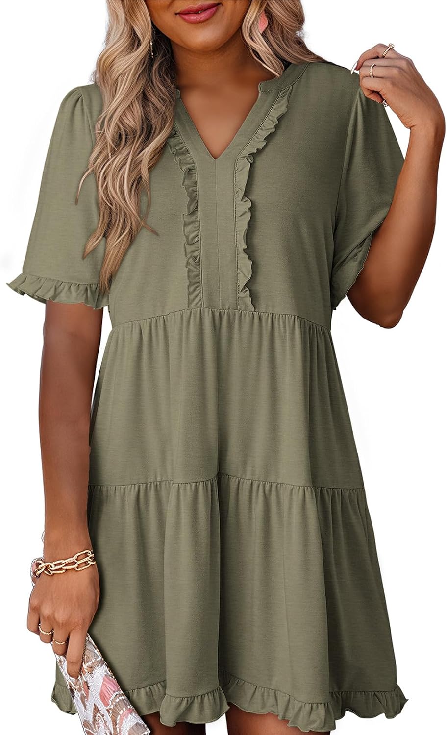 Dokotoo Womens A Line Babydoll Casual Summer Dresses with Pockets | Short Sleeve, V Neck, Hide Tummy, Cute Flowy Western Dress, Mini Short Casual Dress for Graduation Party Date Night Teacher