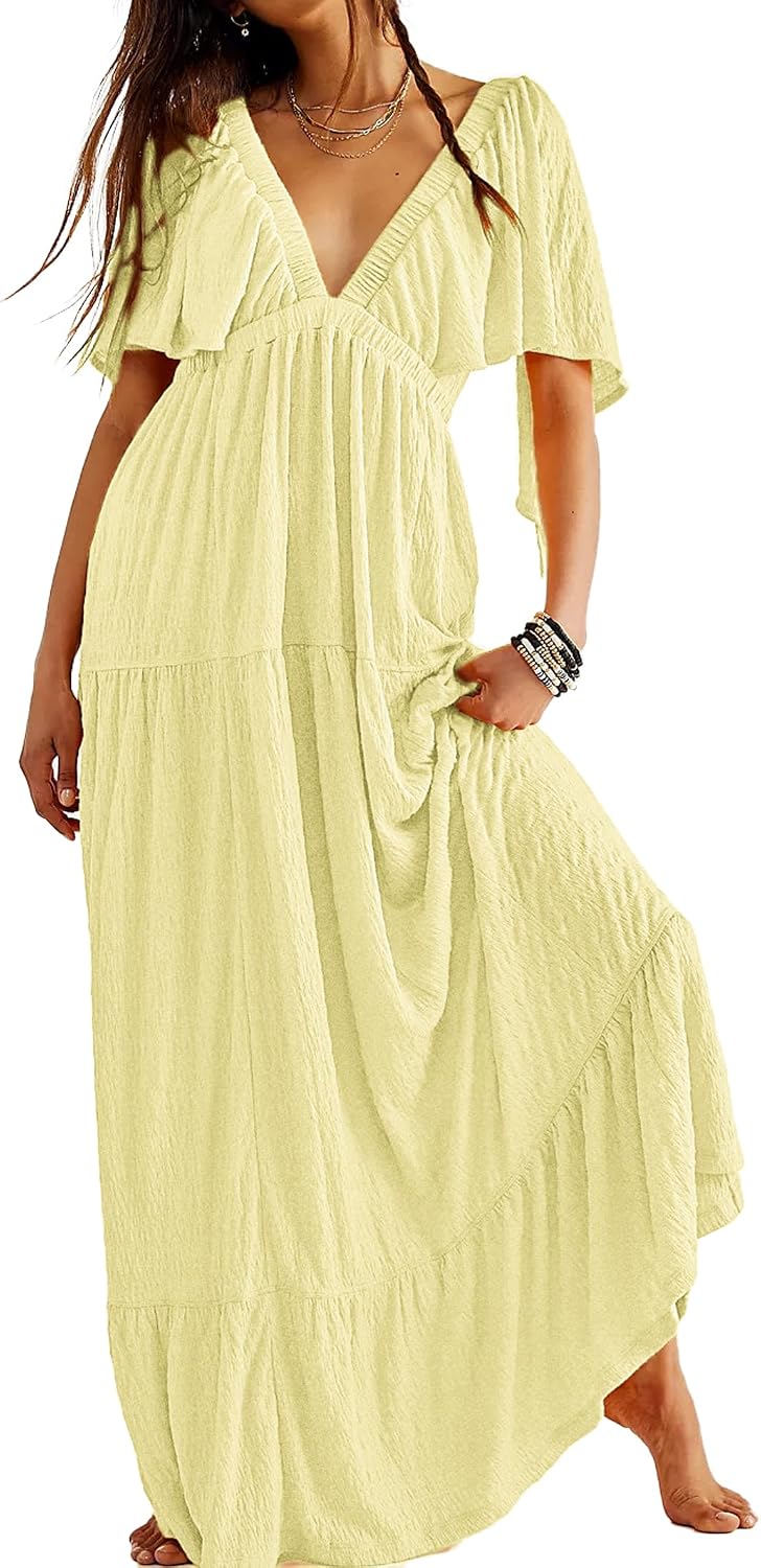 Kikibell Women Summer Dresses Sexy V-Neck Maxi Dress Tiered Silhouette with Flutter Sleeve Backless Elastic Waist Flowy Dress
