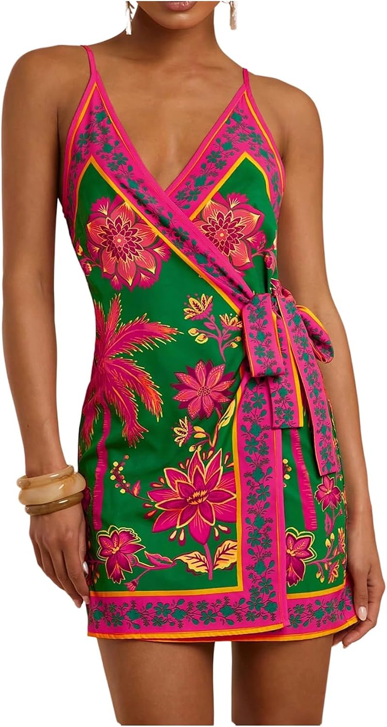 RoseSeek Women's Tropical Print Wrap Dress Sleeveless Vacation Dresses | Short Summer Dresses, Beach Vacation Outfits, Tropical Print Cami Dress, V Neck Dress