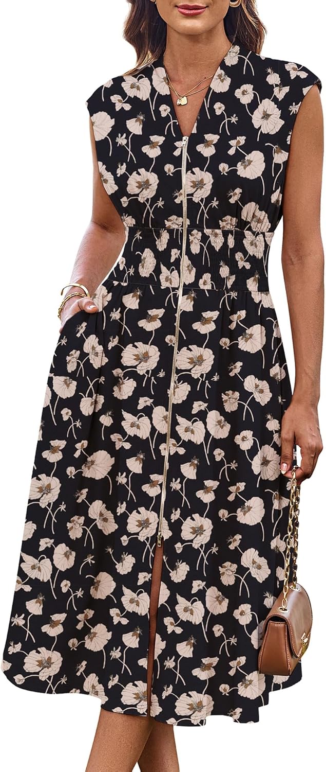 GRACE KARIN Womens Casual Dress, Business Office Work Homecoming Dresses | 2026, Cap Sleeve, Zipper Front, V Neck, Professional, Knee Length, Sleeveless, Flowy, Midi, Fall, Formal, Wedding, Hoco