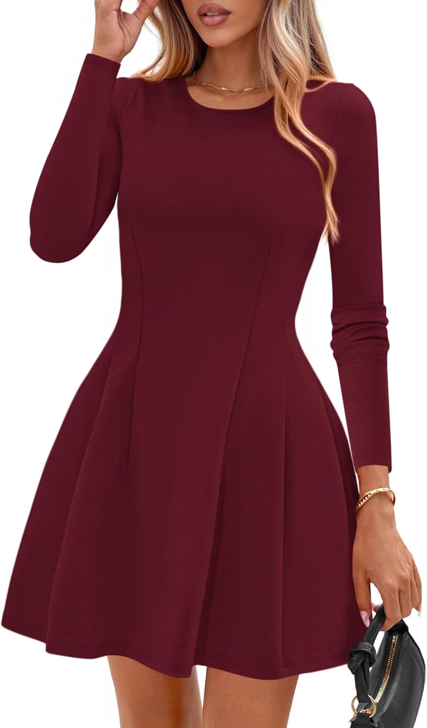 PRETTYGARDEN Womens Long Sleeve Pleated Mini Dress | Soft Knit Fabric, A Line Babydoll Fit, Crewneck Short Dresses, Casual Party Date Night Outfits, Fall Winter Trendy Clothes