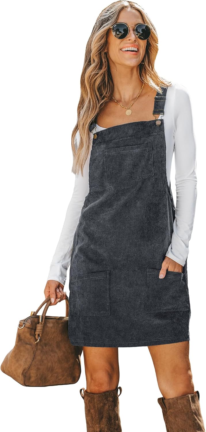 CUPSHE Women Corduroy Square Neck Wide Strap Fall Overall Mini Dress | Velvety Ribbed Texture, Front Bib Pocket, Utility Patch Pouches, High-Looped Buckle Fasteners, Casual Warm Autumn Outfits