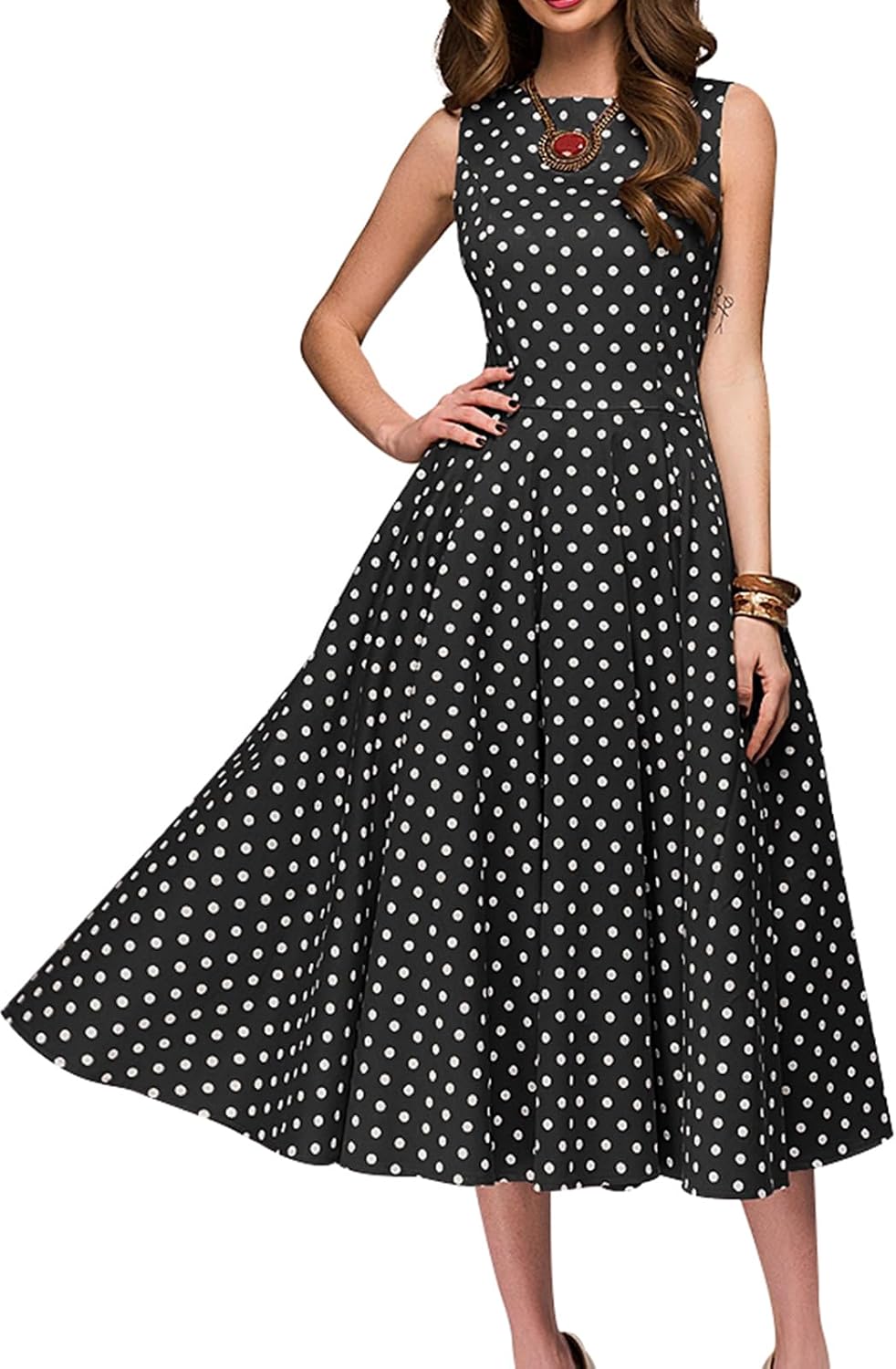 Simple Flavor Women's Vintage 1950s Cocktail Midi Dress | Sleeveless, Cotton, Boat neck, Retro tea length, Fit and flare a-line swing, Tea party derby church dress with pockets