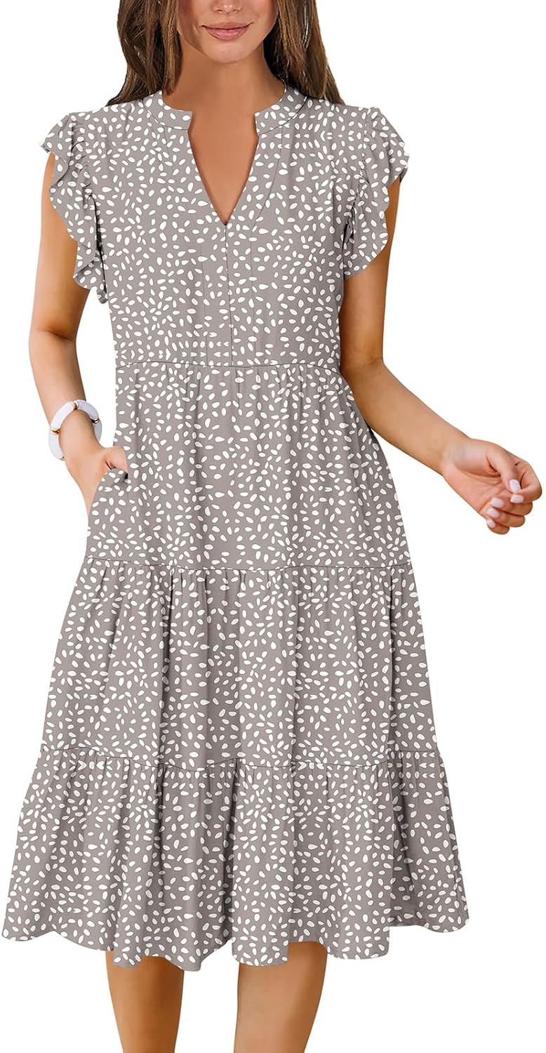 ANRABESS Womens Summer Dress Ruffle Sleeve V Neck Midi Dresses | Flowy Tiered Boho Beach Sundress, Casual Fit Knee Length, Fashion Vacation Work Outfits 2026