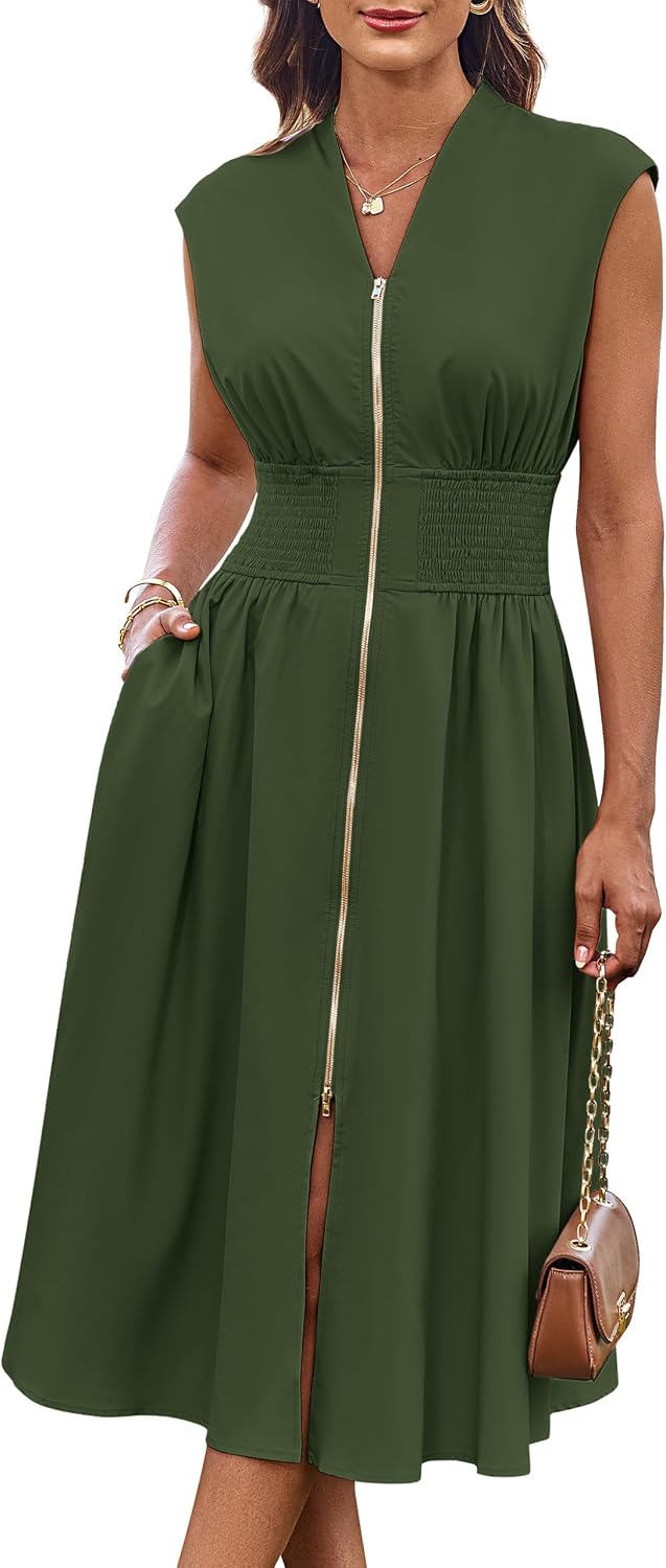 GRACE KARIN Womens Casual Dress, Business Office Work Homecoming Dresses | 2026, Cap Sleeve, Zipper Front, V Neck, Professional, Knee Length, Sleeveless, Flowy, Midi, Fall, Formal, Wedding, Hoco