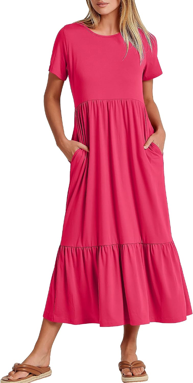 ANRABESS Womens 2026 Summer Casual Short Sleeve Maxi Dress with Pockets | A-Line Tiered Flowy Crewneck T Shirt Dresses，Comfy Modest Long Dress，Beach Travel Vacation Sundress，Work Teacher Outfits