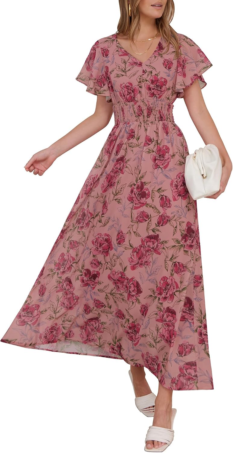 ANRABESS Womens Summer Floral Maxi Dress Casual V Neck Short Sleeve Chiffon Boho Flowy Beach 2026 Wedding Guest Long Dresses